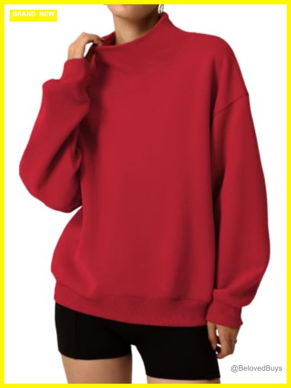 Oversized Mock Neck Sweatshirt w/ Pockets Cotton-Blend Pullover